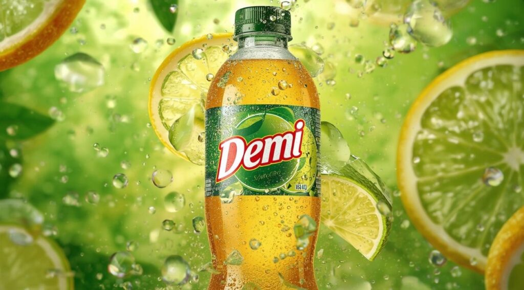Demi citrus soda bottle with lemon and lime slices surrounded by dynamic splashes.