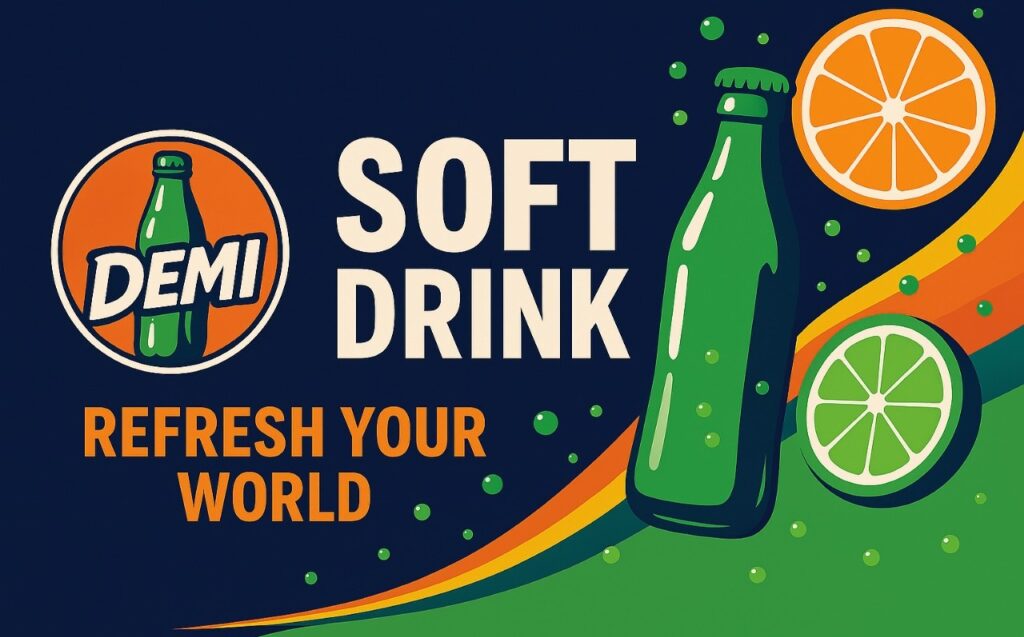 Demi soft drink banner with green bottle, citrus slices, and slogan refresh your world on dark blue background.